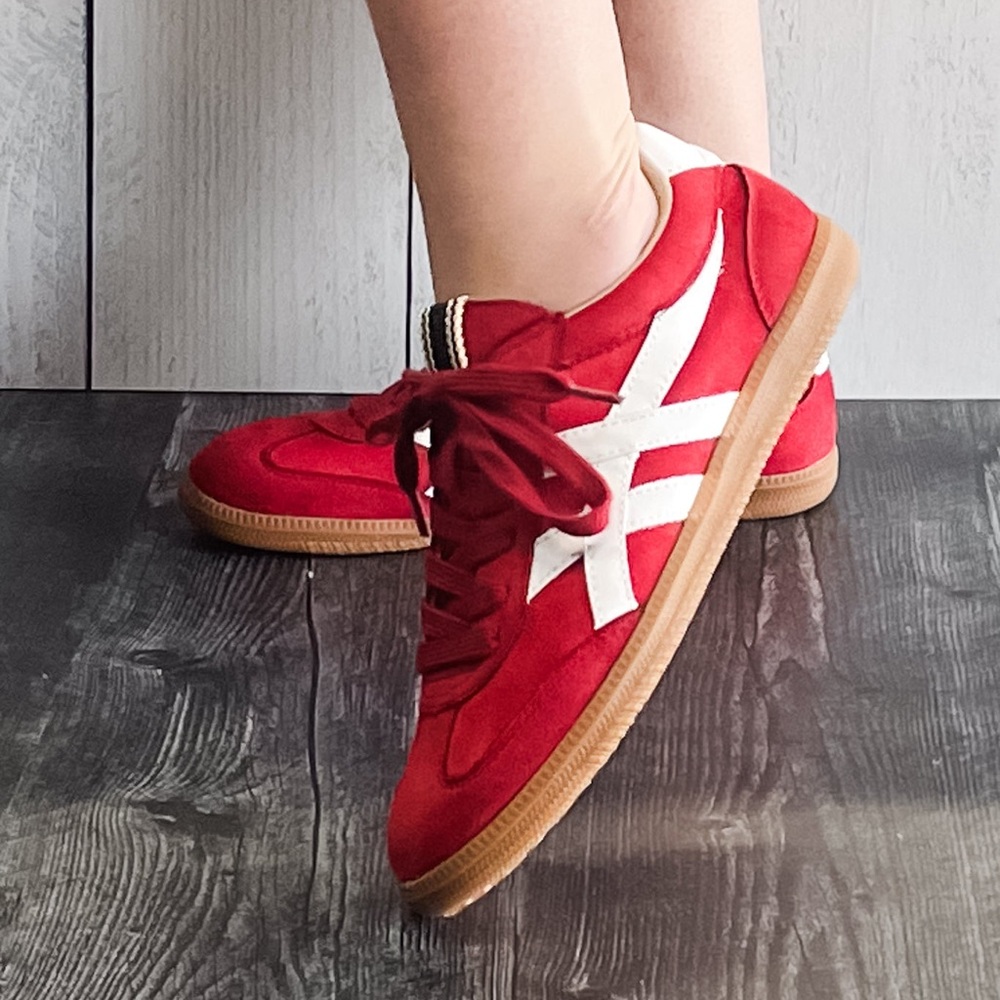 Shu Shop Sasha Red Suede Casual Fashion Sneakers white side stripes